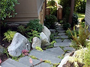 Black basalt riser stairway to shade garden