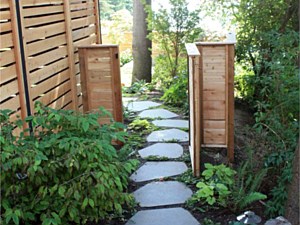 Shade garden gate & horizontal board fencing