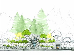 Elevation of water feature and rockery terraces