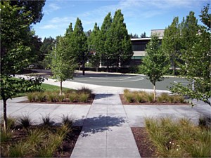 View of plaza & basketball court from school